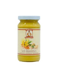 Berres Senf-Meerrettich im 200-g-Glas mit Etikett Hofladen Spezialitäten